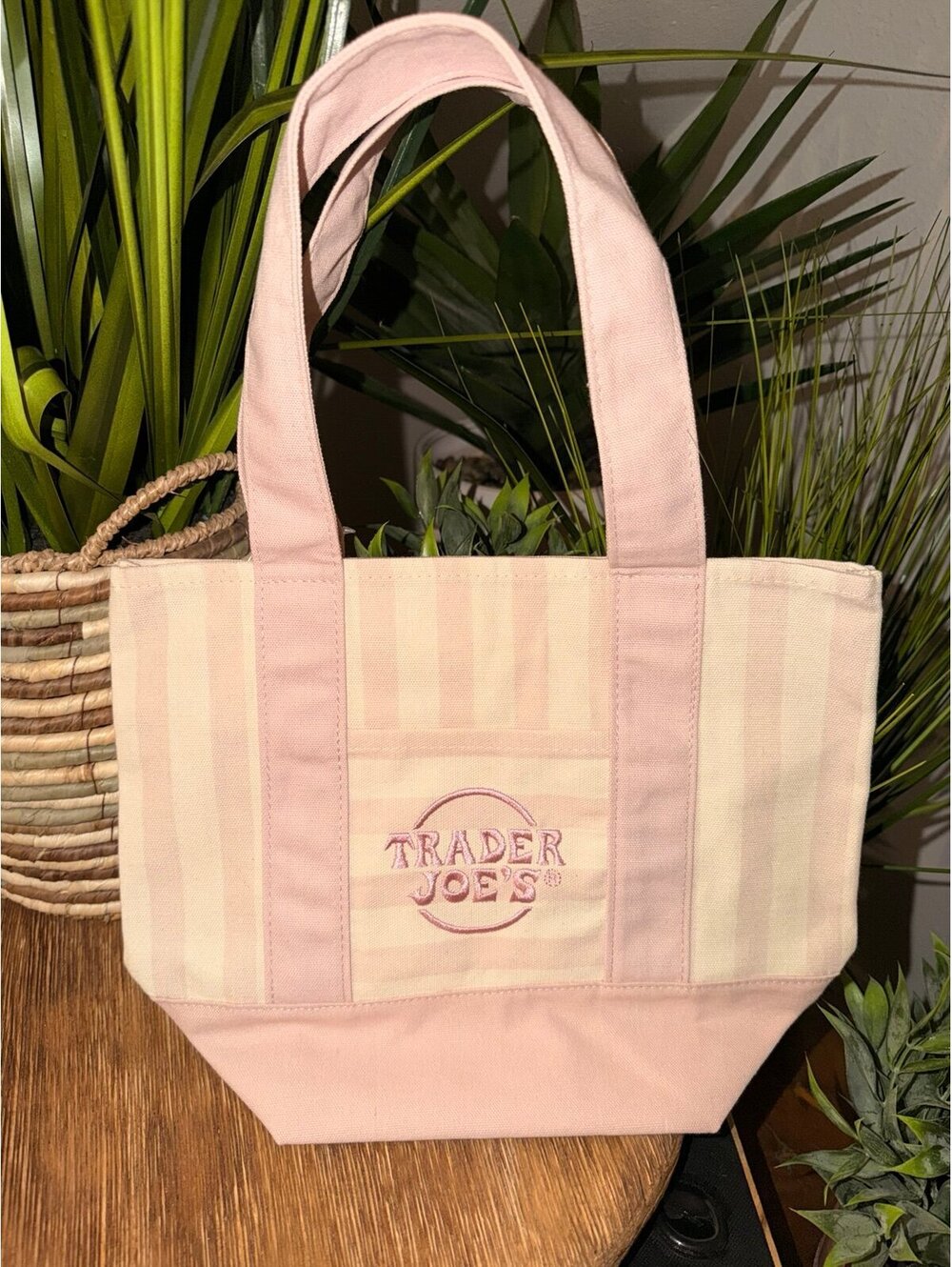 Trader Joe's Pink Striped Canvas Tote Bag